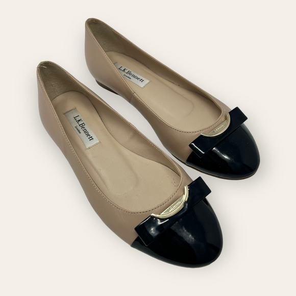 LK Bennett Shoes - L.K. Bennett Toecap Patent Leather Ballerina Flat Beige Black Gold 35 EU Women’s